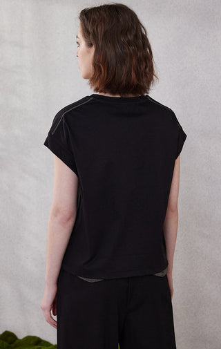 Black cotton short-sleeve top from back, crew neck and short sleeves, side seam trim