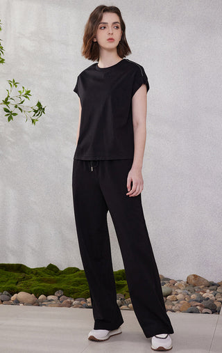 Black cotton short-sleeve top with crew neckline and side piping stripe accents