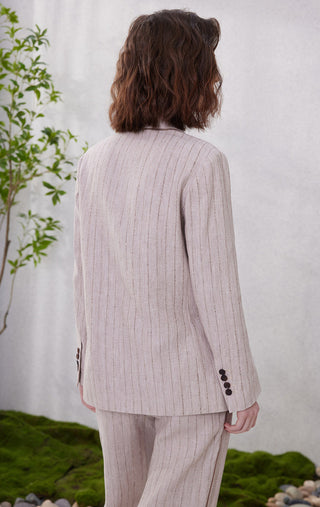Warm greige pinstripe blazer back view, vertical stripes and buttoned sleeve cuff