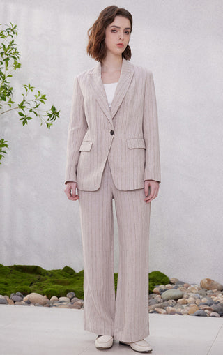 Warm greige linen pinstripe blazer, notch lapel, flap pockets, buttoned front