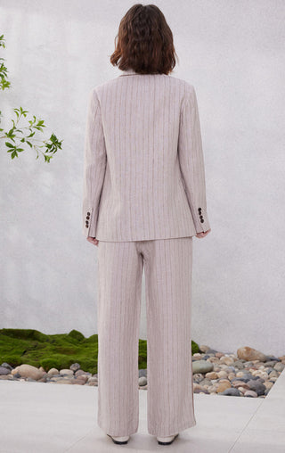 Warm greige pinstripe tailored blazer back view, center back seam and buttons