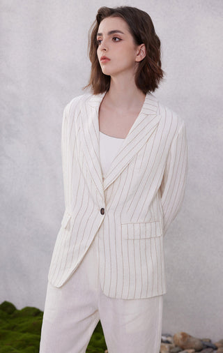 White linen pinstripe blazer, single-button notch lapel and patch pockets