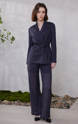 Dark blue pinstripe blazer and matching trousers with waist tie belt
