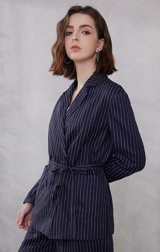 Dark blue pinstripe double-breasted blazer with waist tie belt, long sleeves