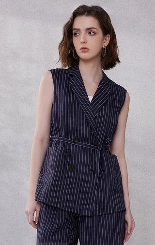 Dark blue pinstripe sleeveless blazer vest with front buttons, waist tie, patch pockets