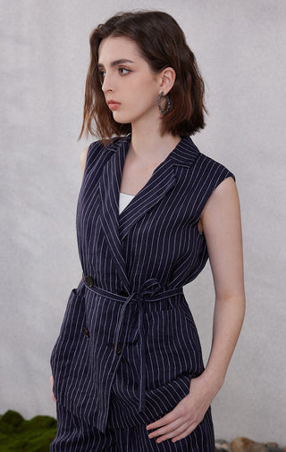 Dark blue pinstripe sleeveless blazer vest, V-lapel front with tie waist and button details