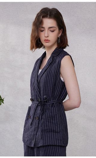 Dark blue pinstripe sleeveless blazer vest with V-neck lapels and side buttoned flap pockets