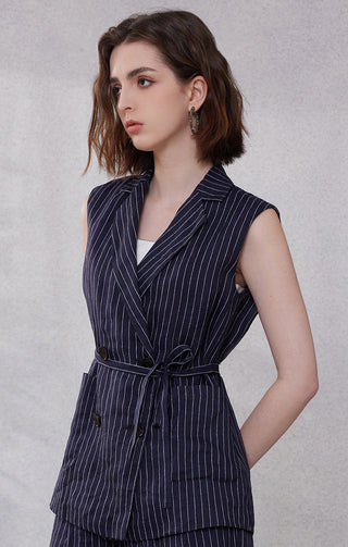 Dark blue pinstripe sleeveless blazer vest with V-neck lapels and waist tie