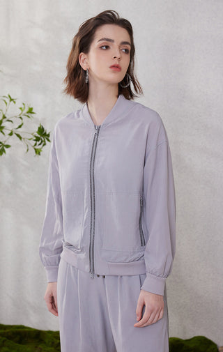 Tencel double-zip sunscreen hoodie, light purple, full front with zip and kangaroo pockets