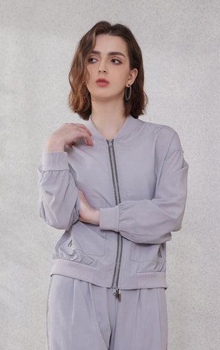 Light purple Tencel double-zip sunscreen hoodie with stand collar and two-way front zips