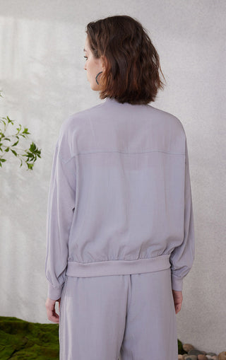 Light purple Tencel double-zip sunscreen hoodie, back view with drawstring waist