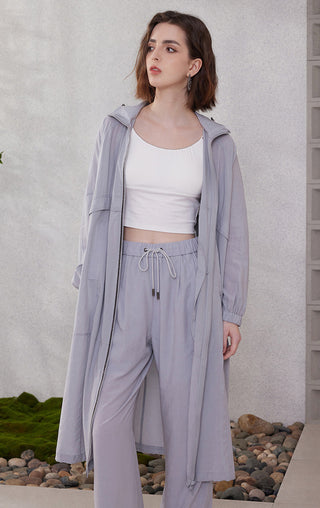Light purple long hooded coat, back view with attached hood and full-length design