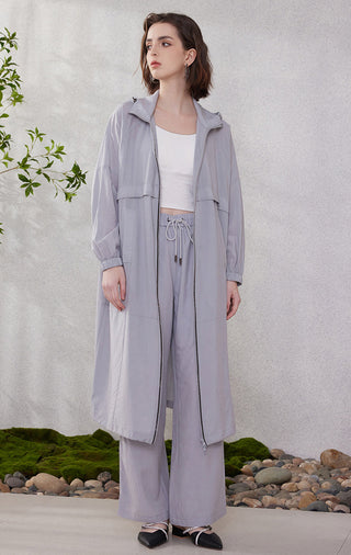 Light purple long hooded zip-front cotton-blend coat with front pockets and relaxed fit