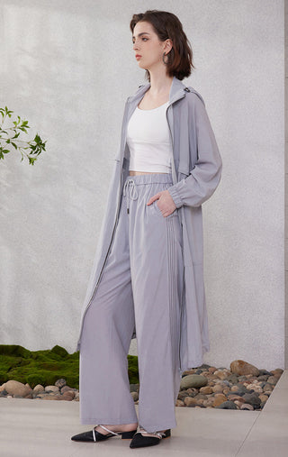 Light purple long hooded coat with zip front, elastic cuffs, and roomy front pockets