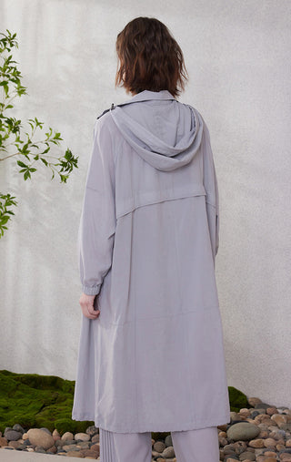 Light purple hooded zip-front long coat with drawstring hood and elastic cuffs
