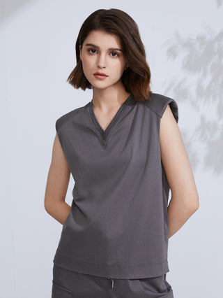 Dark gray sleeveless V-neck cotton-linen tank top with straight hem