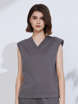 Dark gray cotton-linen blend V-neck tank top with short cap sleeves