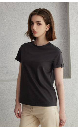 Black minimal T-shirt with crew neckline and short sleeves, front view