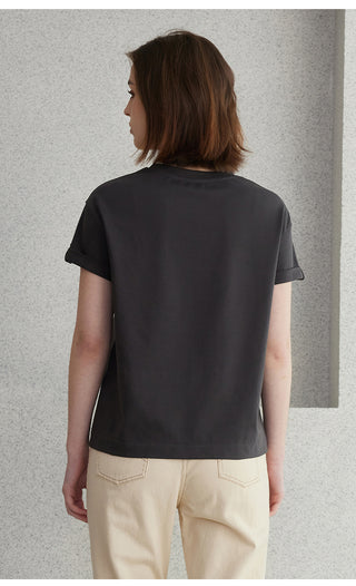 Back view of black short-sleeve minimal T-shirt with crew neck and straight hem