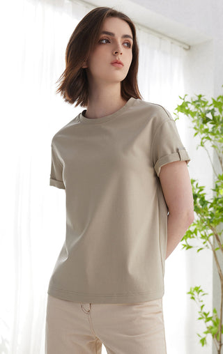Khaki crew-neck minimal T-shirt with short sleeves, shown in front three-quarter view
