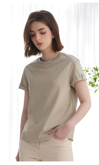 Khaki minimal T-shirt, crew neck and short sleeves shown in a front three-quarter view