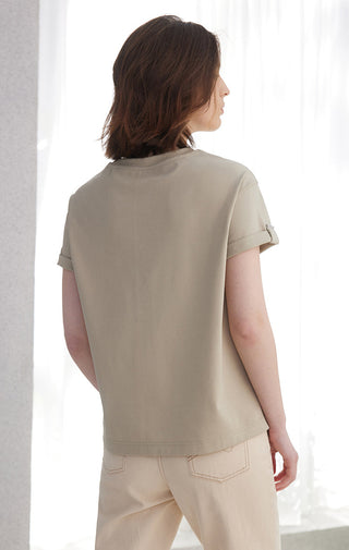 Back view of khaki short-sleeve minimal T-shirt with crew neck and straight hem