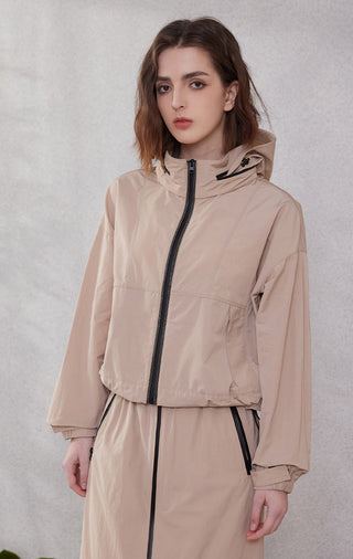 Camel hooded cotton-blend windbreaker jacket with black zip and drawcord hem