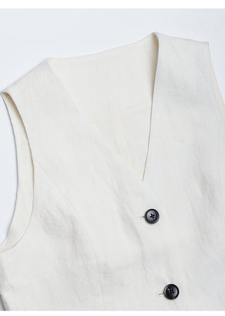 White linen vest bodice with two dark buttons and tailored notch lapel
