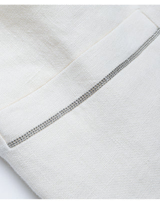 White linen vest with silver rhinestone beaded trim along shoulder seam