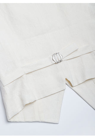 White linen vest with fabric-covered clasp at waist tab