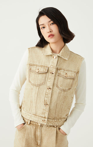 Light tan denim sleeveless jacket with button front and flap chest pockets