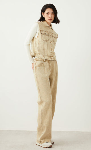 Light tan denim sleeveless jacket with button-front and chest flap pockets, full length view