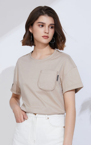 Camel crew-neck T-shirt with chest pocket and short sleeves