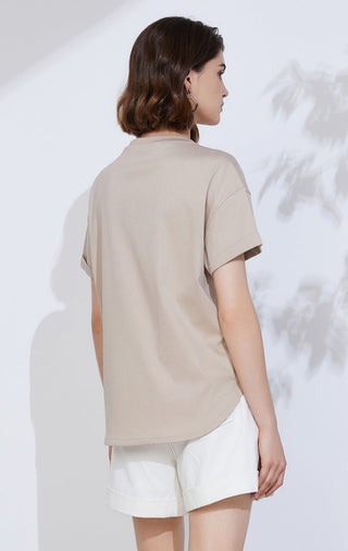 Camel T-shirt shown from back, short sleeves and straight hem