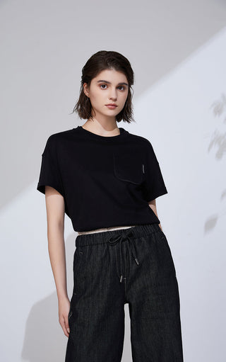 Black crew-neck T-shirt with chest pocket and loose fit