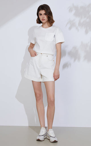 White crew-neck T-shirt with chest pocket detail and short sleeves