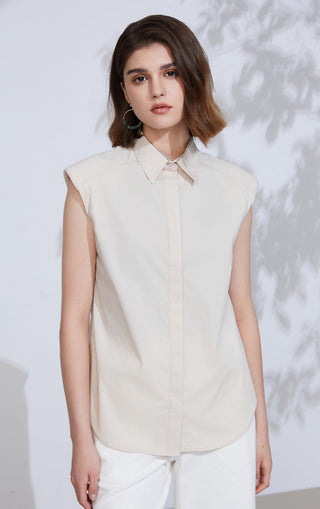 Beige sleeveless button-up shirt with pointed collar, front placket and seams
