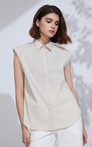 Beige sleeveless shirt with pointed collar and button placket, slightly curved hem