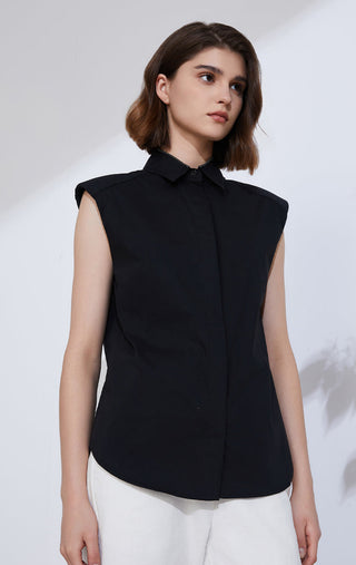 Black sleeveless button-up shirt, front view with pointed collar and smooth panel