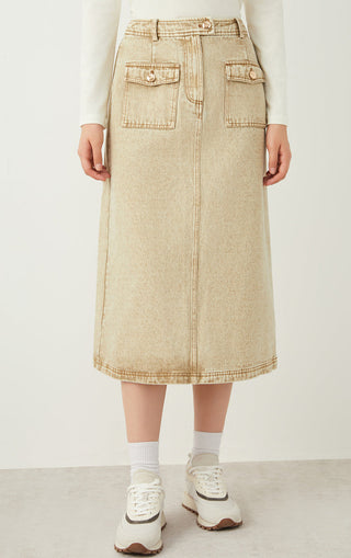 Cotton Vintage-Wash Midi Skirt - serathinan 