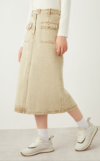 Cotton Vintage-Wash Midi Skirt - serathinan 