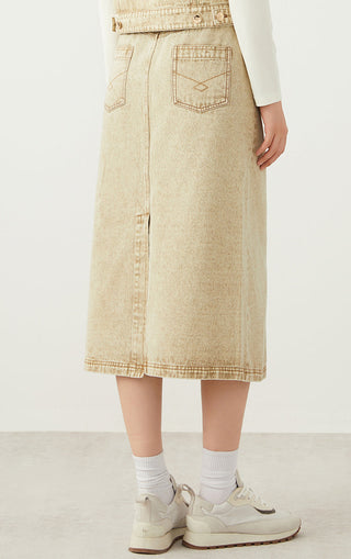 Khaki denim midi skirt with side seam and patch pocket, visible button detail