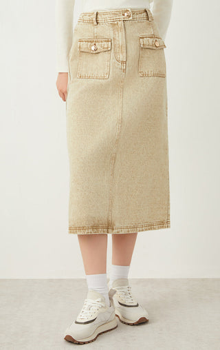 Khaki cotton midi skirt with front button placket and two flap patch pockets