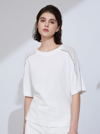 White combed cotton T-shirt front view with contrast trim on shoulders