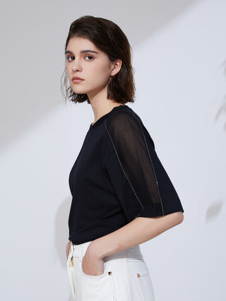 Black T-shirt side view: contrast seam along sleeve and shoulder