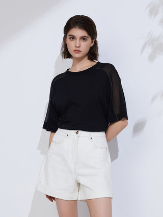 Black combed cotton T-shirt with crew neck and short sleeves, front view