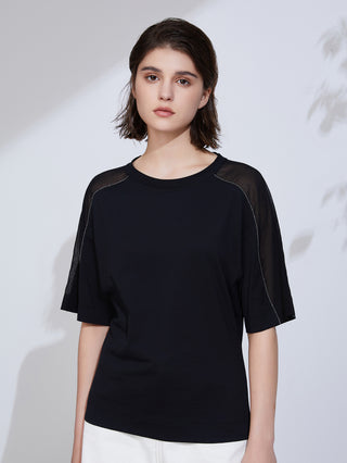 Black combed cotton T-shirt front view with contrast trim across shoulders