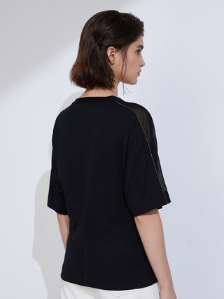 Black combed cotton T-shirt back view with contrast seam detail along sleeve