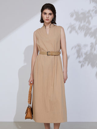 Khaki cotton sleeveless V-neck maxi dress with tan woven belt at waist
