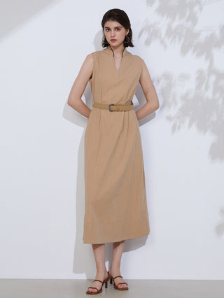 Khaki sleeveless V-neck maxi dress with tan buckle belt at waist, ankle length